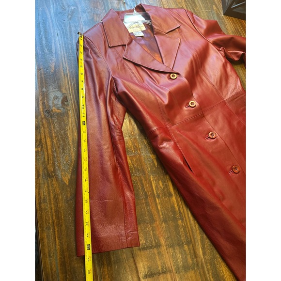 Chadwick's Burgundy Leather Trench Coat Longline Button Front Woman's Jacket M - Picture 7 of 15